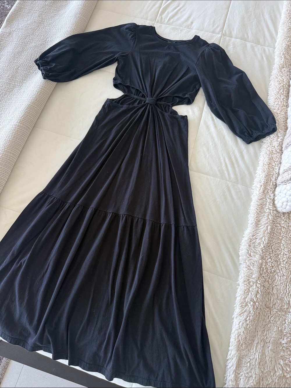 FARM Rio Black Knot-Cut Maxi Dress with Puff Sleeves